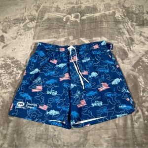HUK Men’s Large Pursuit Fish and Flags Volley Swim Shorts Pockets Outdoor New
